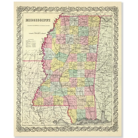 Mississippi 1855 Vintage Map 11x14 Unframed Print – Antique Cartography Poster Reproduction with Counties Rivers and Towns, Historic Southern Wall Art for Home Office Library Classroom or Study Décor