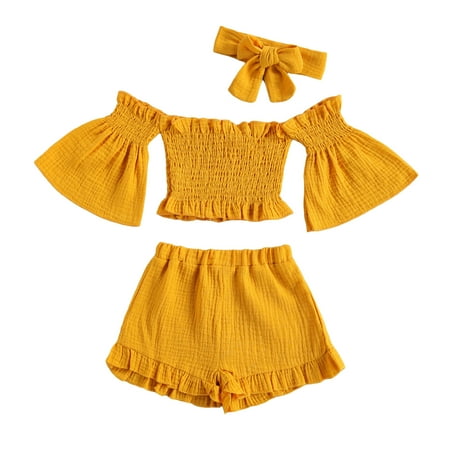 

Binpure Off Shoulder Flare Sleeves Tops + Ruffle Shorts + Bowknot Headband