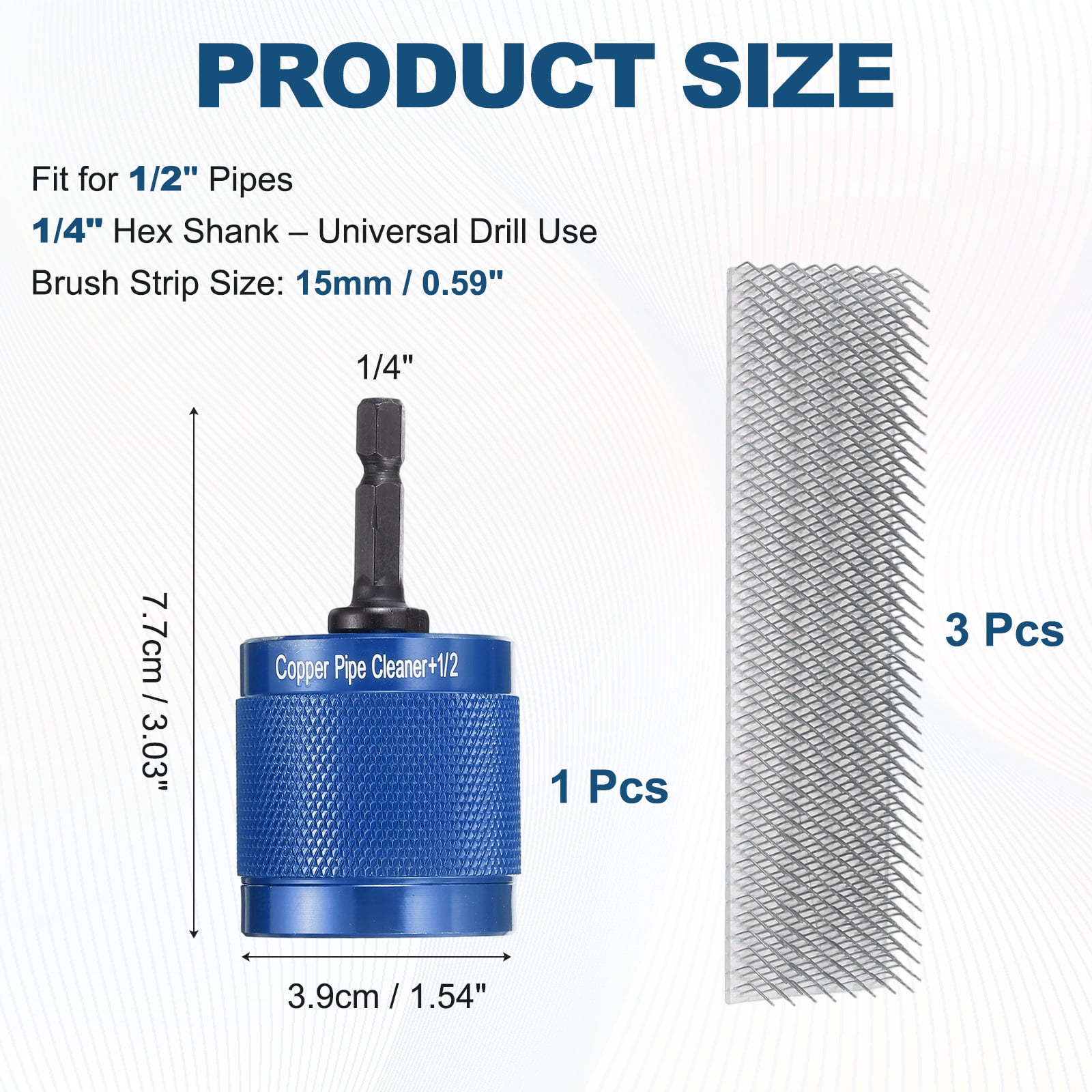Uxcell 1/2" 1/4" Metal Copper Pipe Cleaner Set, Hex Shank Drill Powered Pipe Brush Replacement Plumbing Tools with 3 Brushes for Removing Dust Rust Copper Various Metal Pipes, Blue