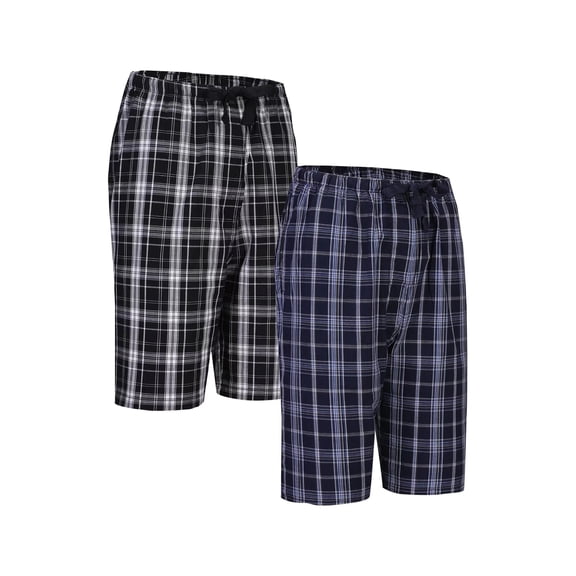 GLOBAL Men's Cotton Yarn Pajamas Shorts - Plaid Pajama Shorts for Men - PJ Bottoms with Pockets, 2-Pack