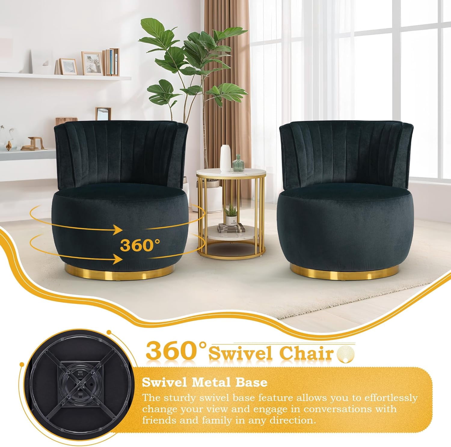 Aukfa 360-Degree Swivel Barrel Chair, Modern Velvet Round Accent Chair for Nursery and Living Room, Black