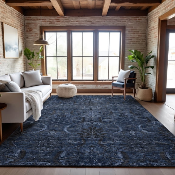 Addison Rugs Mayfield Premium Machine Washable Transitional Damask Navy Rectangle Rug, 10' x 14'
