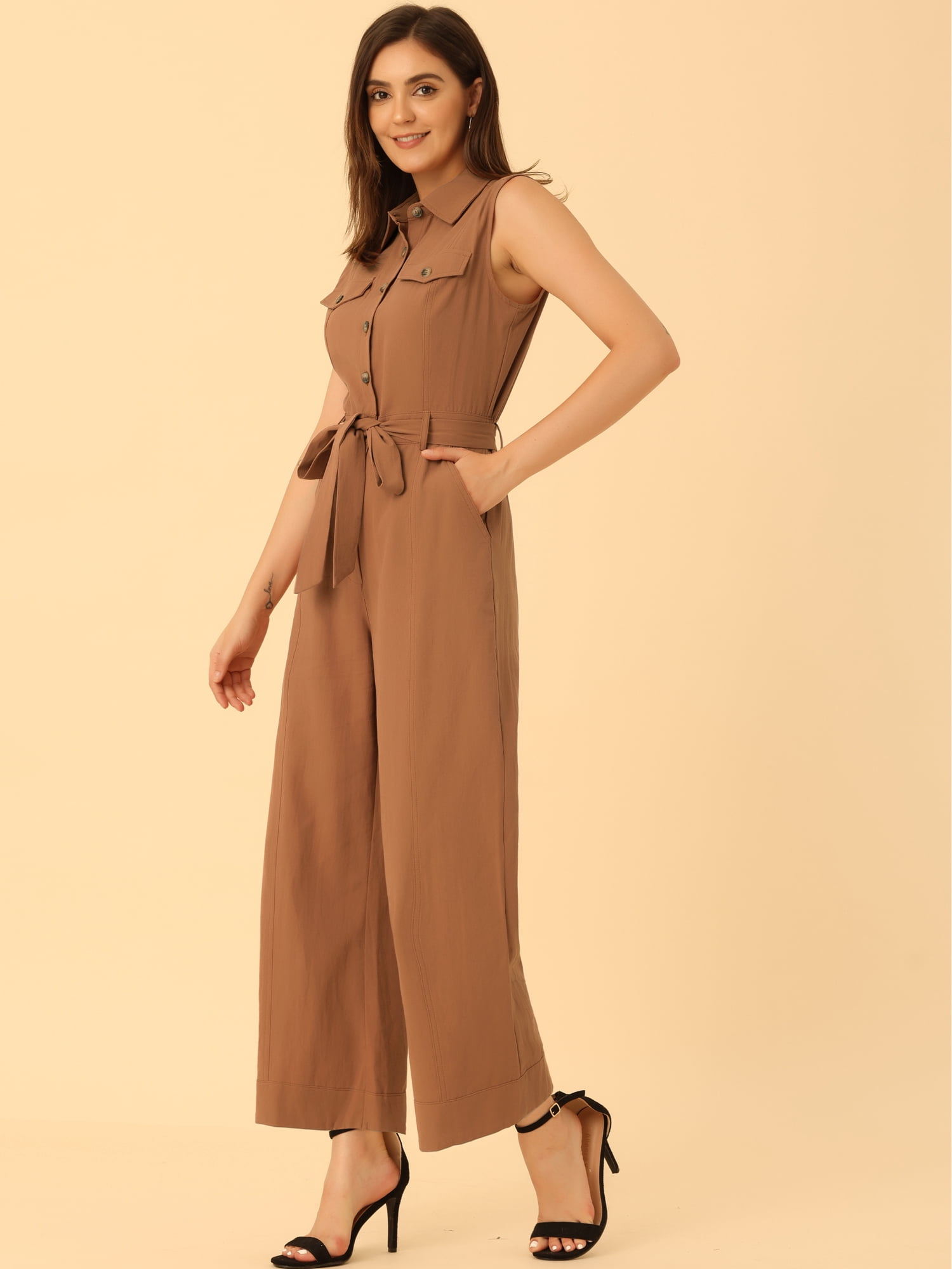 DARING DIVA Women's Wide Leg Jumpsuit Collared Tie Waist Coverall S Brown