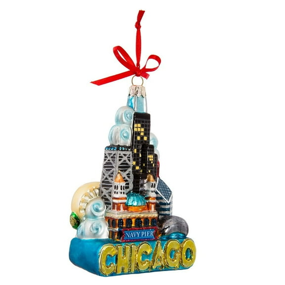 Kurt Adler 5-Inch Chicago Glass Ornament – Hand-Painted Christmas Tree Decoration Featuring City Landmarks