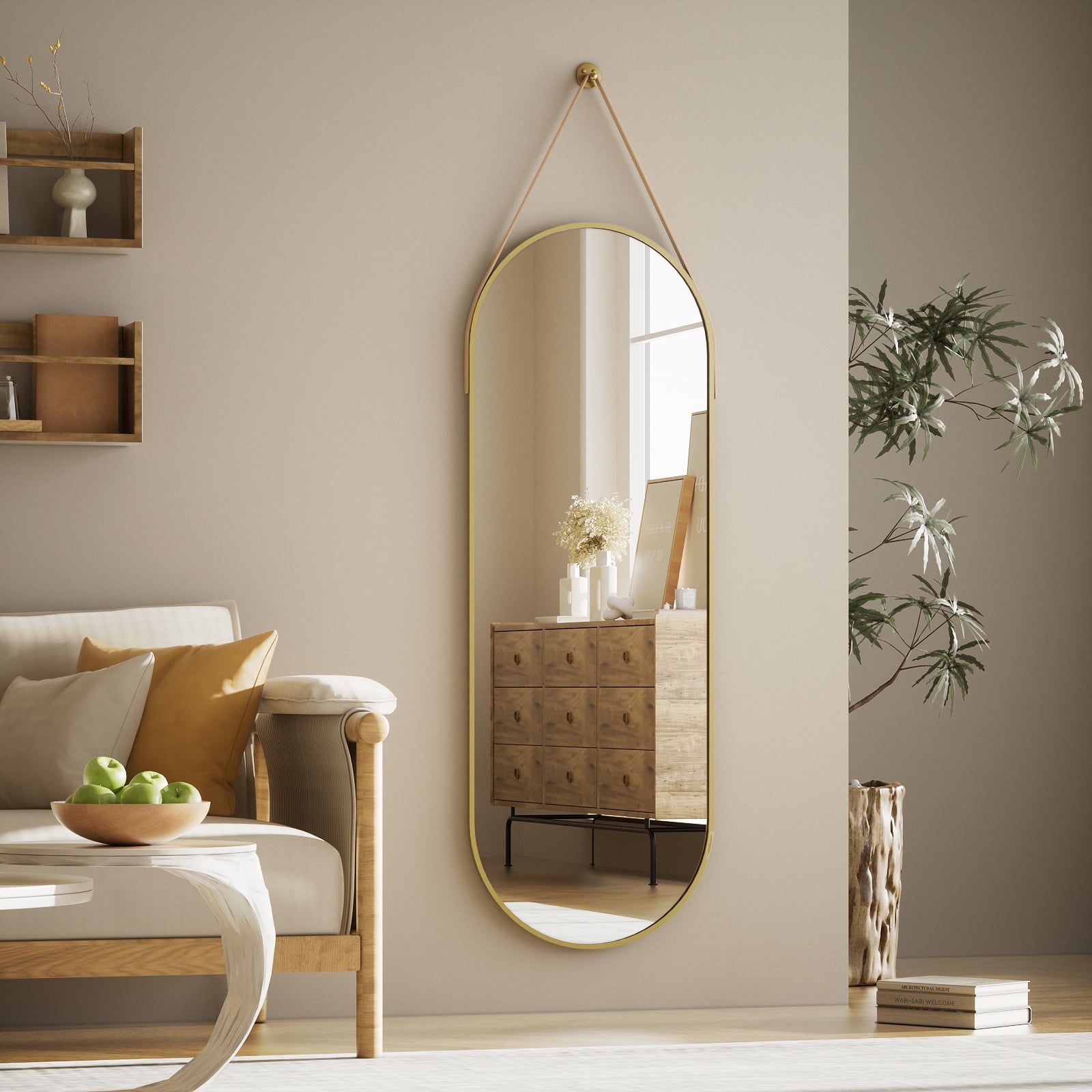 Easy4Home 48"x16" Oval Wall Mirror Full Length Mirror with Leather Hanging Strap, Gold