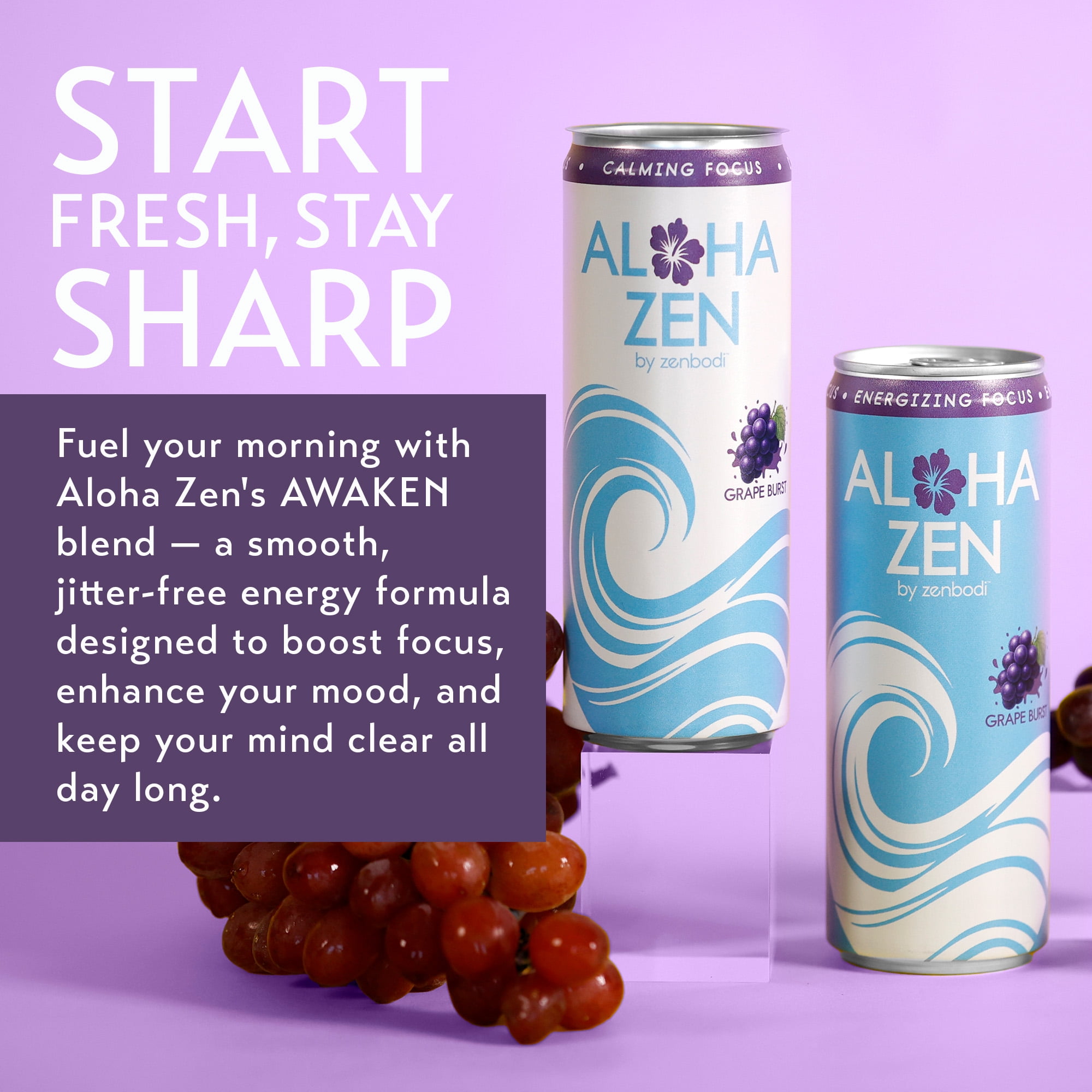 Zenbodi Aloha Zen Grape Burst - AWAKEN Functional Beverage - 12 oz (Pack of 12), No-Jitter Energy Drink, Contains L-Alpha GPC, Caffeine, and L-Theanine