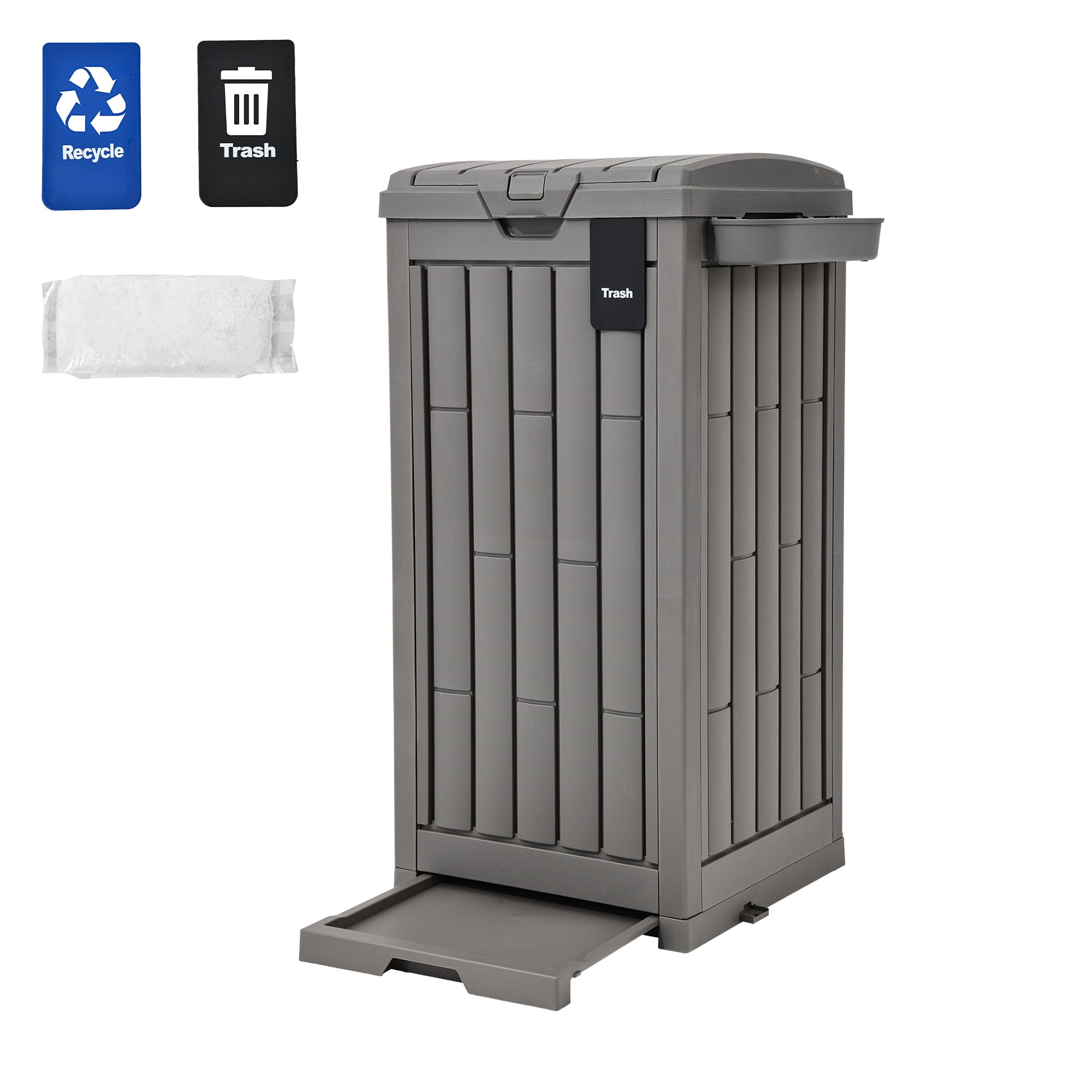 Uforic 38 Gallon Outdoor Resin Trash Can with Lid, Includes Sorting Labels, Ash Holder, Stakes & Suction Cups, Hideaway Storage for Patio Backyard Garden, Light Brown