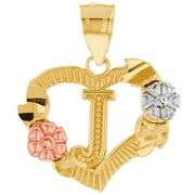 JackAni 10k Multi-Tone Gold Diamond Cut Floral Letter Initial J Heart Pendant