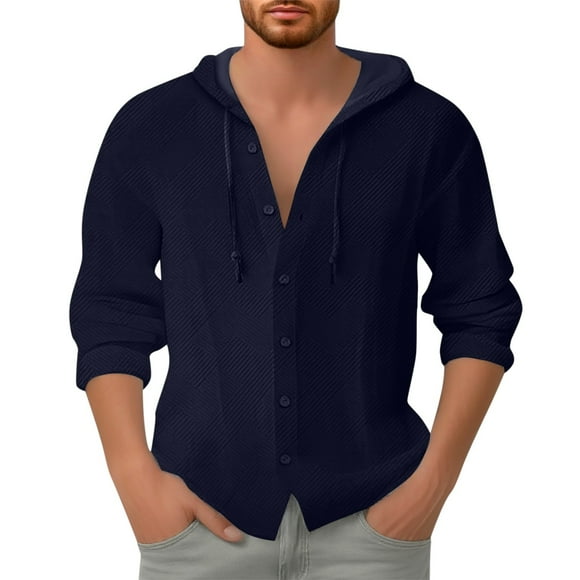 Afdoent Mens Shirts Male Spring Button Hooded Long Sleeve Jacket Cardigan Jacquard Solid Color Shirt Classic