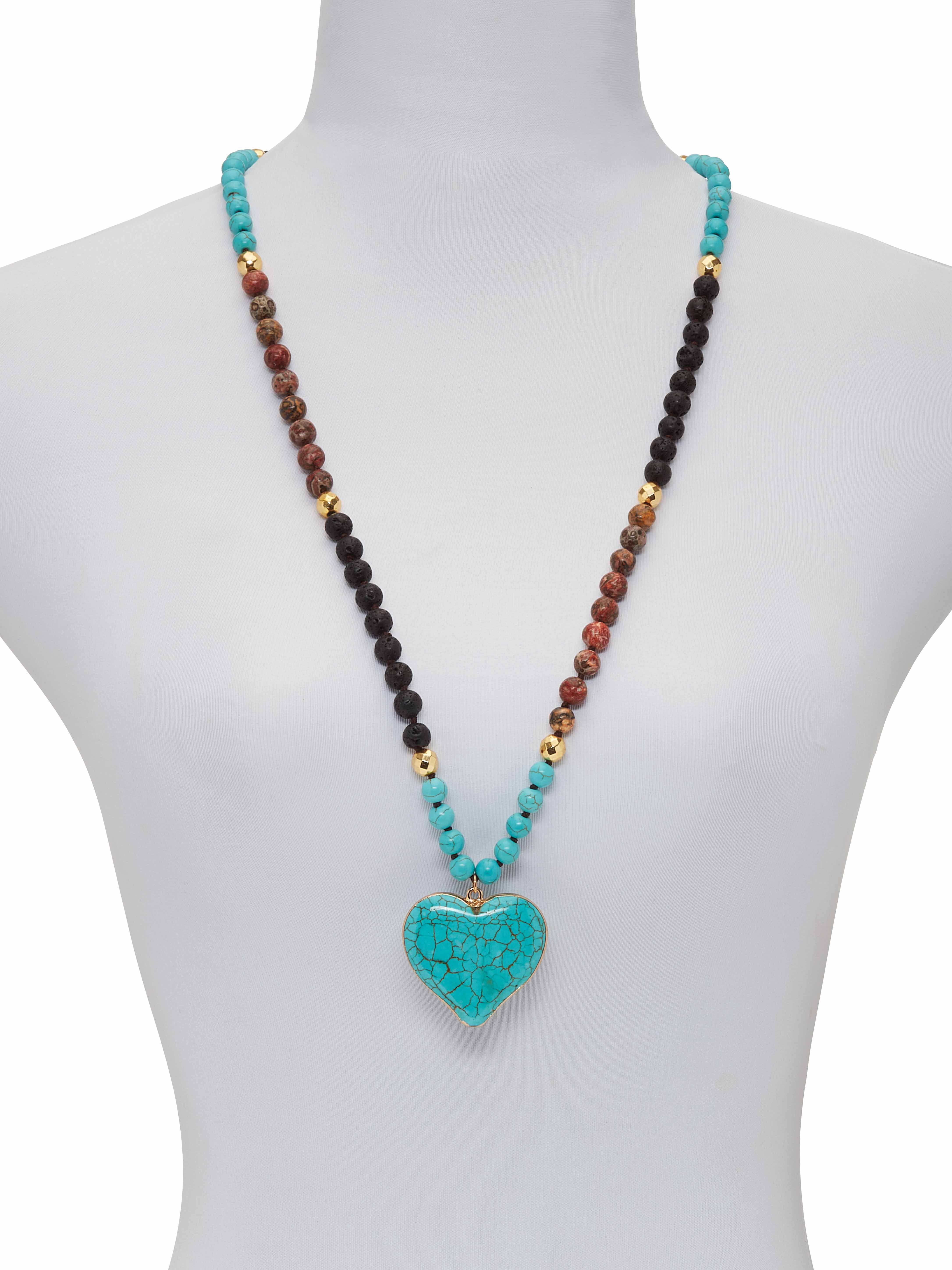 PalmBeach Jewelry Genuine Turquoise Jasper and Lava Stone Beaded Heart Pendant Necklace 34 Inch