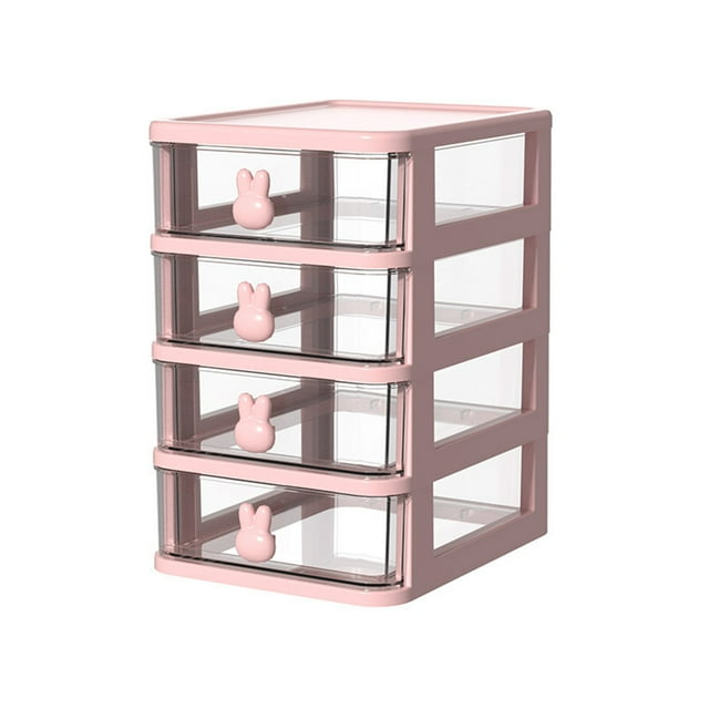 Multi Tier Transparent Plastic Desk Storage Box with Bunny Handle, Large Capacity Small Drawer Organizer for Office and School Supplies