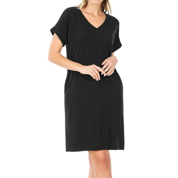 TheLovely Women & Plus Rolled Short Sleeve V-Neck Midi Trapeze Tunic Dress