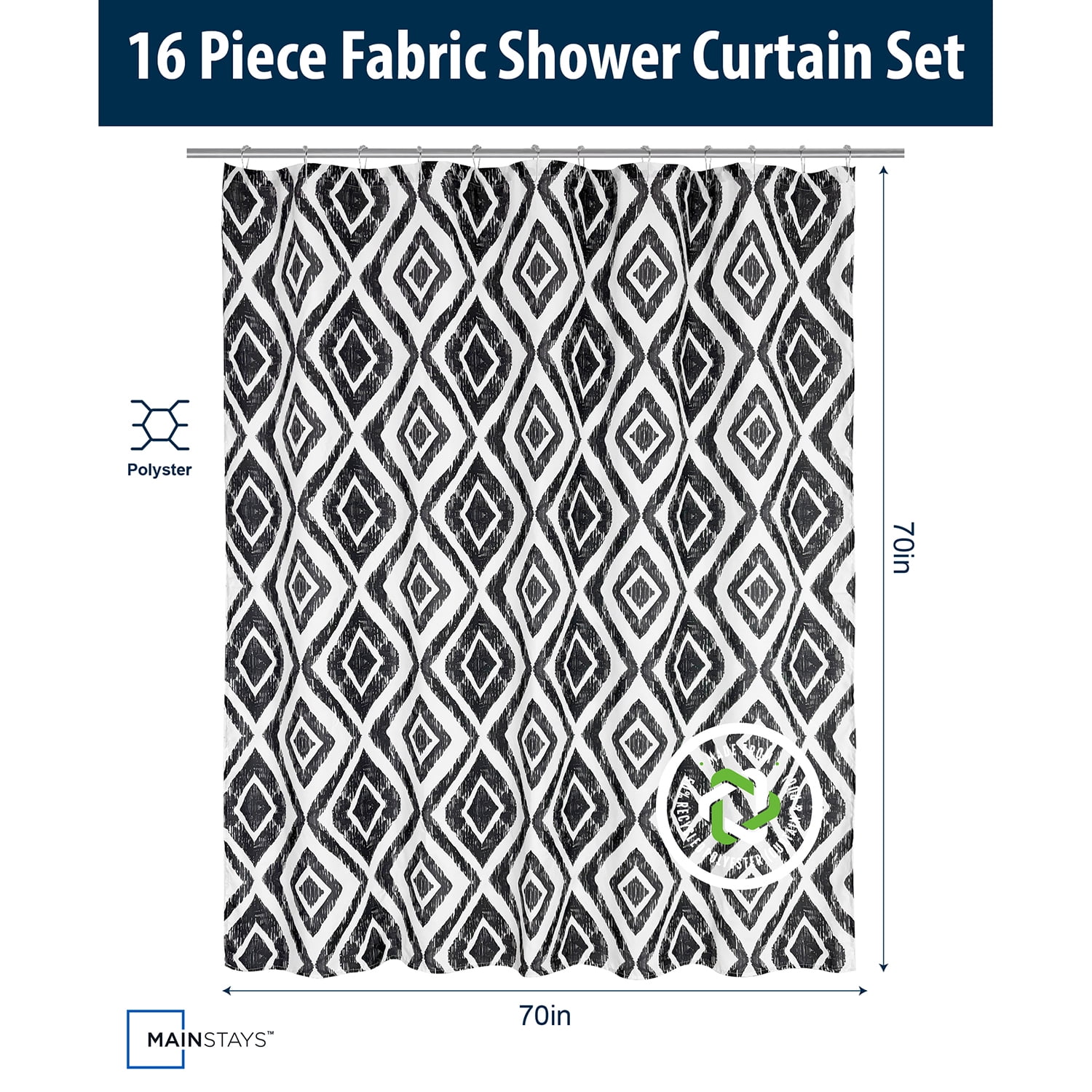 Mainstays 16-Piece Black Diamond Pattern Shower Curtain Bathroom Set – Fabric Curtain with Rug, Hooks, Soap Dispenser & Tray