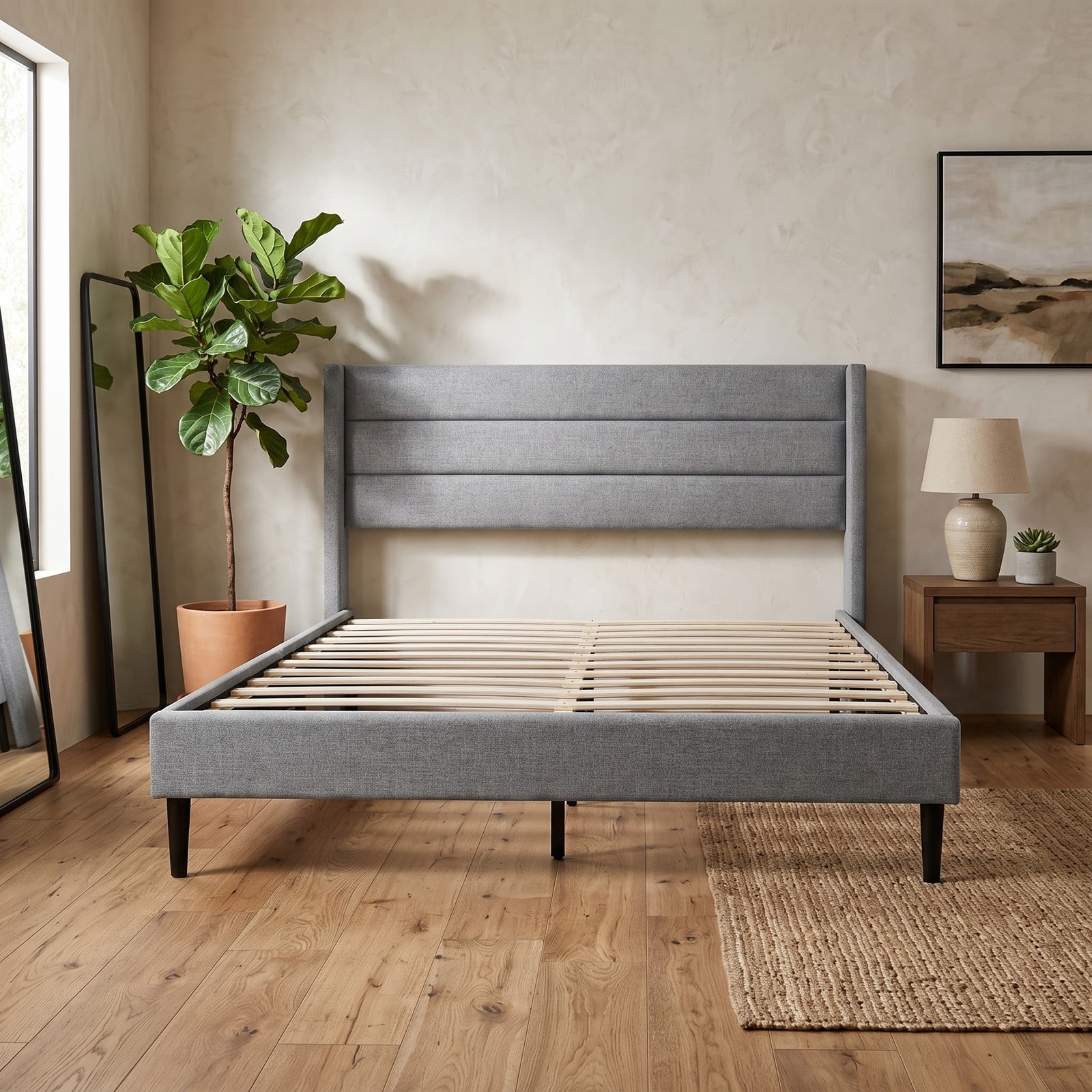 Furnibear Queen Bed Frame with Headboard, Linen Upholstered Platform Bed Frame with Wingback Channel Headboard and Wood Slats, Gray