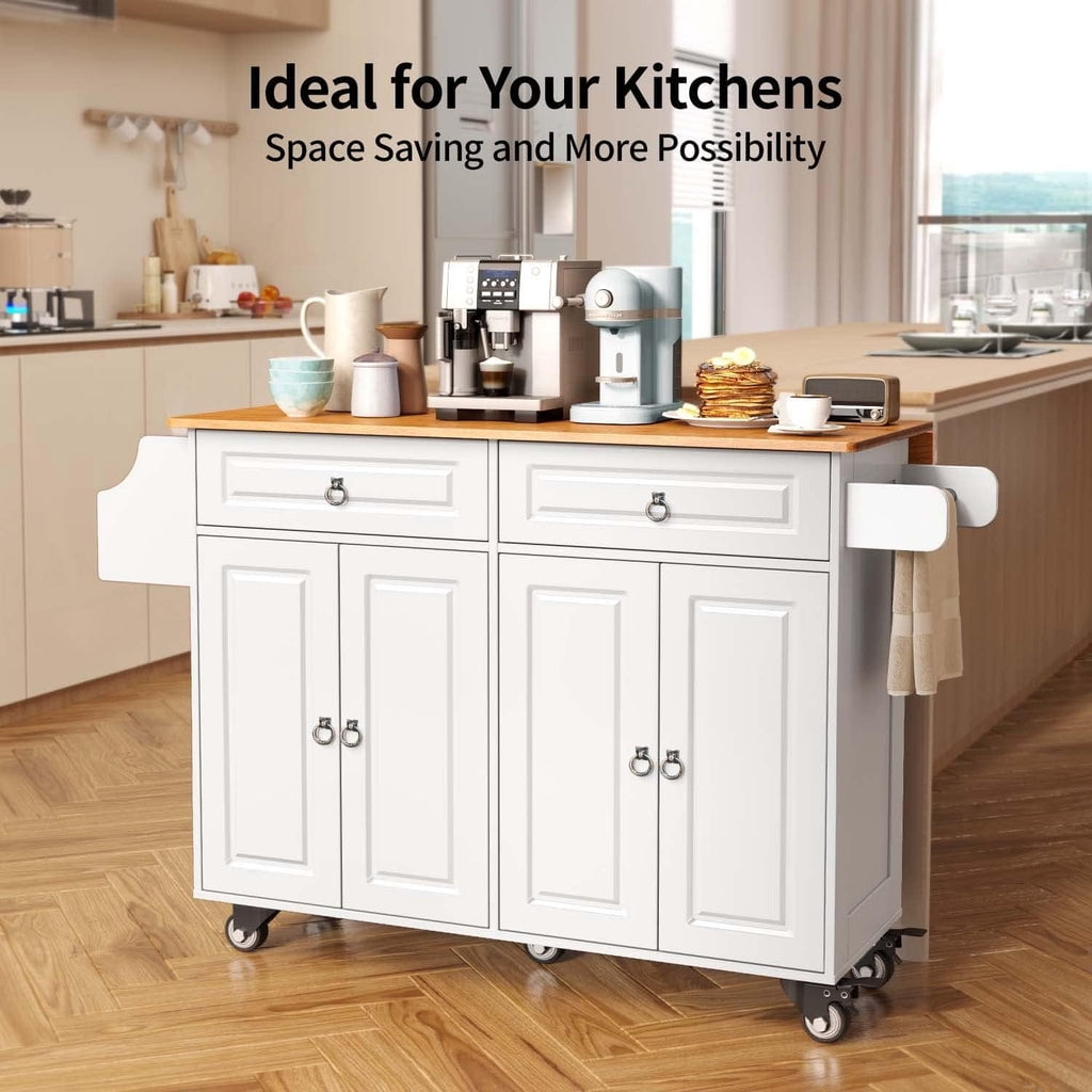Aiho Kitchen Island with Storage, Mobile Kitchen Island Side Table on Wheels with Rubber Wood Drop-leaf Countertop , Side Rack and Drawer and for Kitchen,Dining Room - White