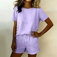 thumbnail image 7 of Mifsaly Two Piece Short Set for Women Side Buttons Summer Casual Vacation Matching Outfits Crewneck Top and High Waisted Shorts with Pockets Purple,XXXL, 7 of 7
