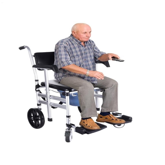 Height Adjustable Rolling Shower Chair, Folding Commode with Removable Toilet Riser, Padded Wheelchair with Arms for Elderly