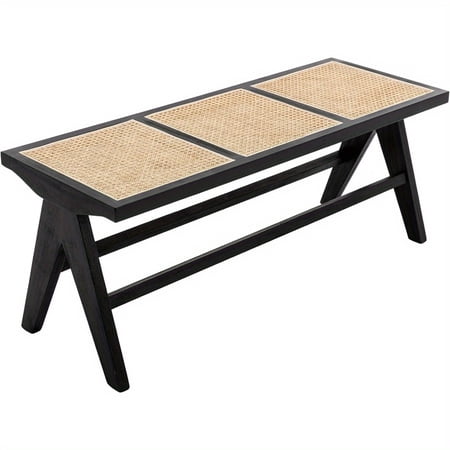 Natural Woven Rattan Accent Stool with Wood Frame Farmhouse Style Shoe Bench or Chair for Entryway Kitchen or Outdoor Cottage Decor