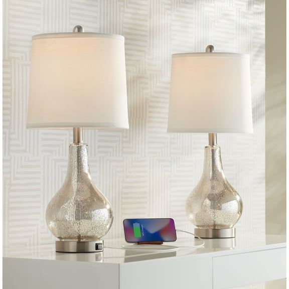 360 Lighting Ledger Modern Accent Table Lamps 21 3/4" High Set of 2 Mercury Glass with USB Charging Port Off-White Drum Shade for Family Office Desk