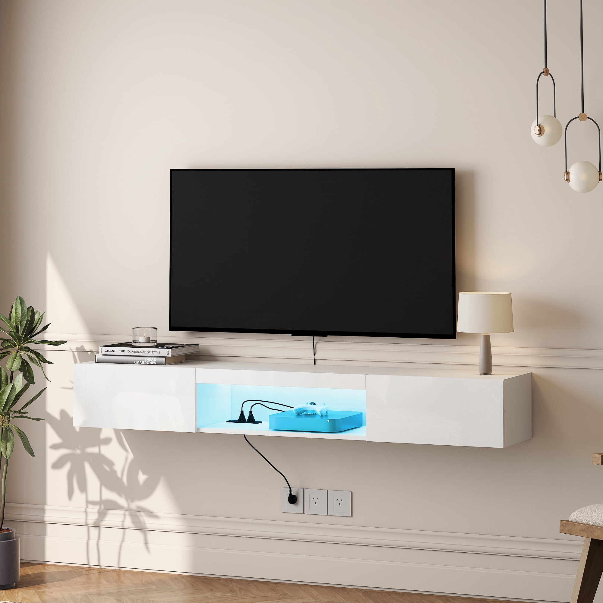 BaPiPro 63-Inch Wide Floating TV Stand with 16-Color LED Lighting, Wall-Mounted Media Console with USB Power Strip and Cable Management, White