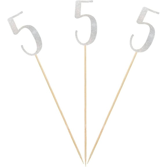 Silver Glitter 5th Birthday Centerpiece Sticks, 12-Pack Number 5 Table Topper Anniversary Party Decorations