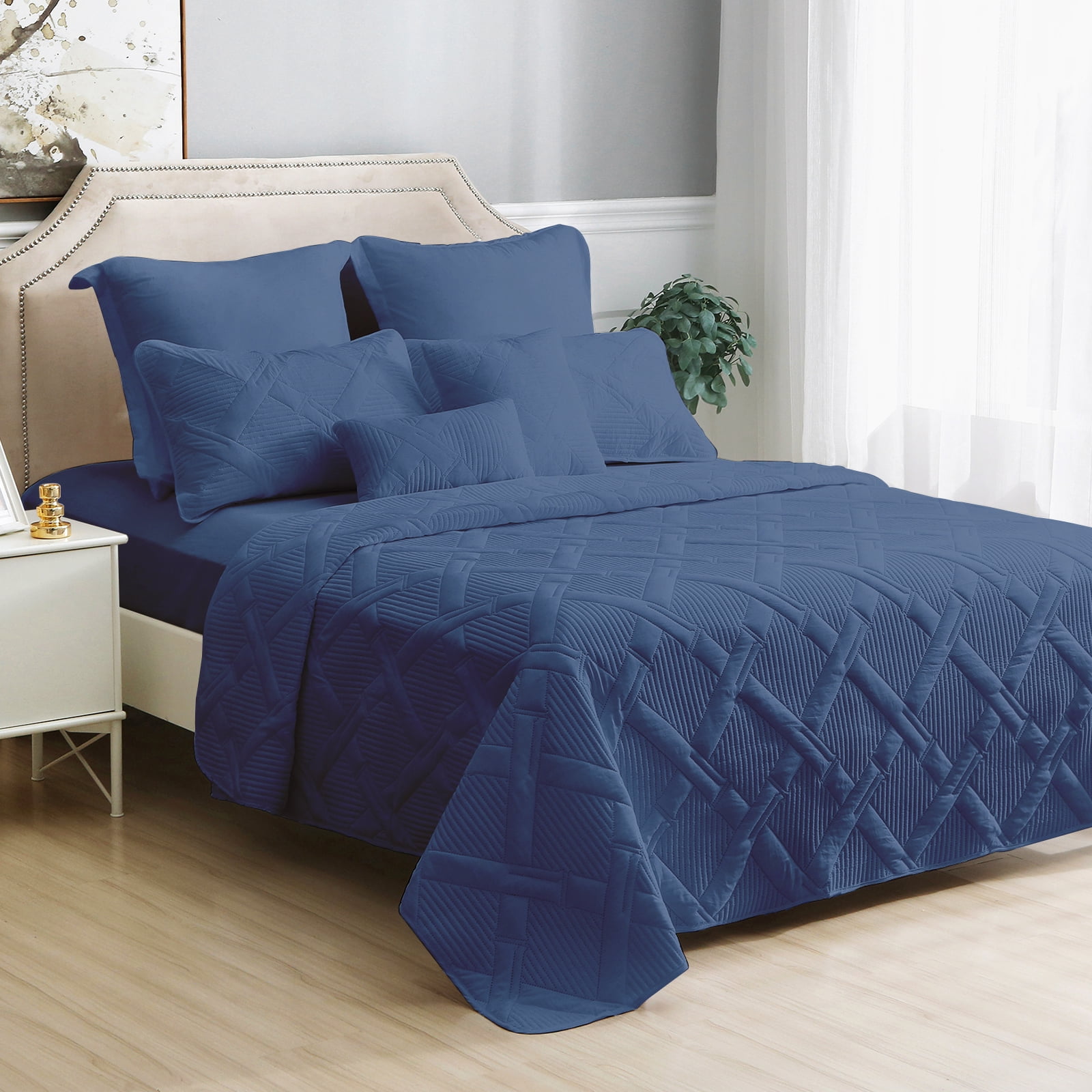 Marquess 7 Piece French blue Color King Size Bedspread Quilt Set Microfiber Coverlet Bed Cover