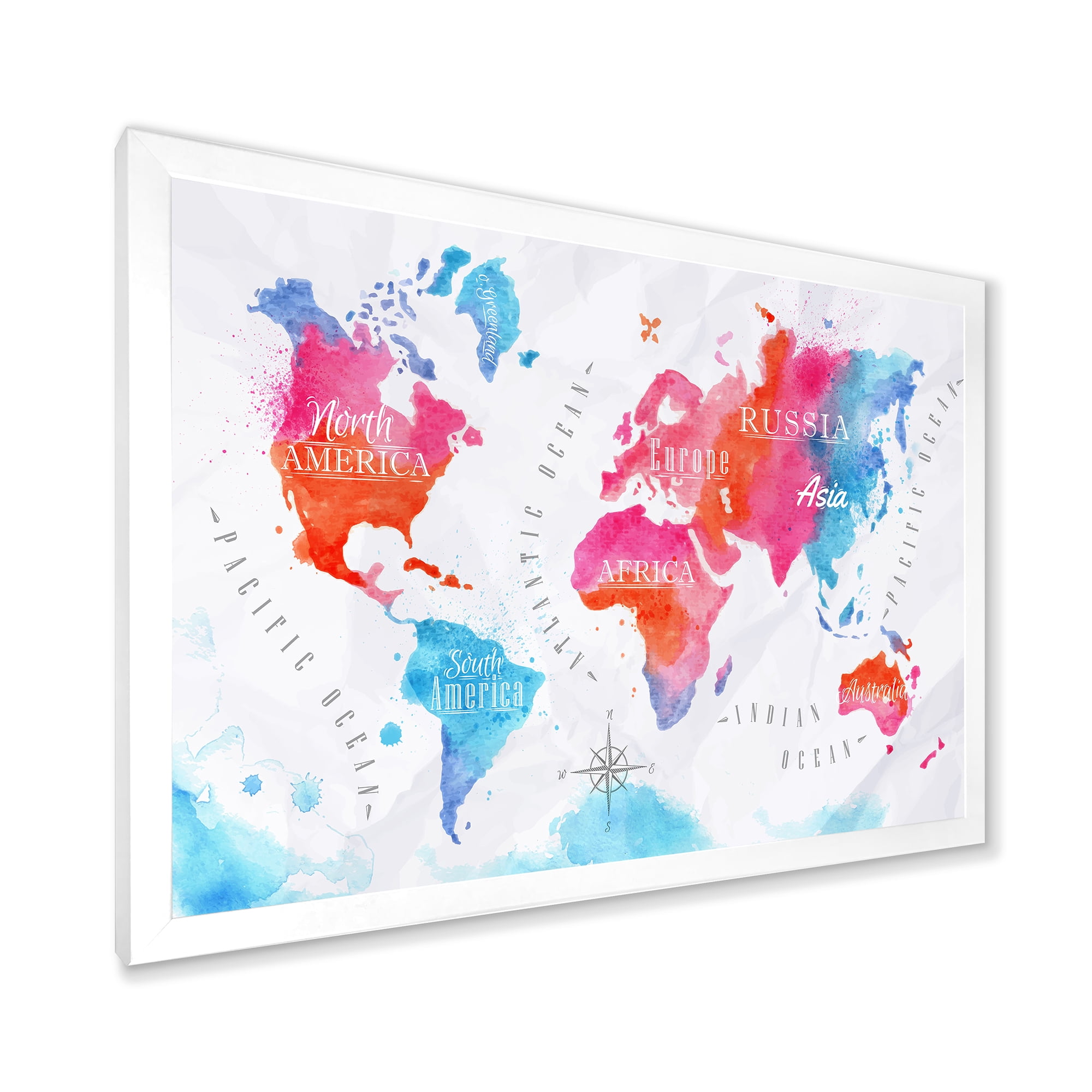 Designart 'World Map In Blue and Pink' Modern Framed Art Print