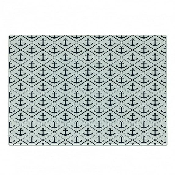 Geometric Cutting Board, Dotted Frames Anchors Pattern Chevron Style Zigzags Nautical Theme Image, Decorative Tempered Glass Cutting and Serving Board, Small Size, Dark Blue White, by Ambesonne