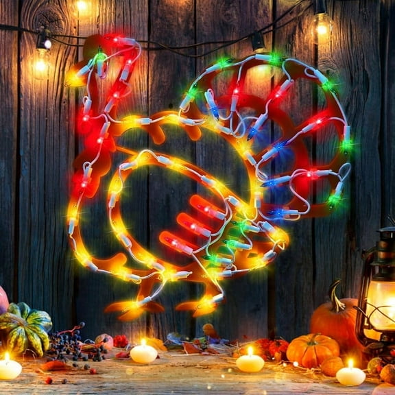 14" 50 Lighted Thanksgiving Turkey, Window Sculpture Decoration,Thanksgiving Turkey Lights