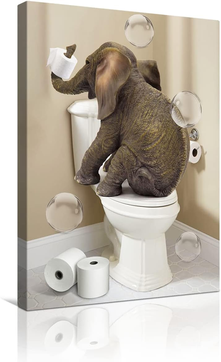 Funny Bathroom Canvas Wall Art Framed Wall Elephant Sitting on The