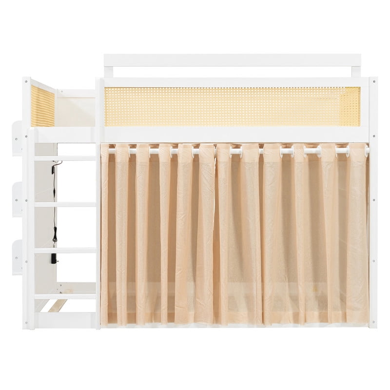 Full Size Bunk Bed with 3-Tier Storage Shelf, Rattan-Style Decor, Privacy Curtains and LED Light Strip, Modern Wood Full Over Full Bunk Bed Frame for Kids Teens