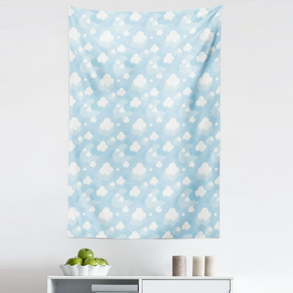 Blue Sky Tapestry, Continuous Fluffy Clouds Motifs Cartoon Style Rhythmic Design Pattern, Fabric Wall Hanging Decor for Bedroom Living Room Dorm, 5 Sizes, Pale Blue White, by Ambesonne