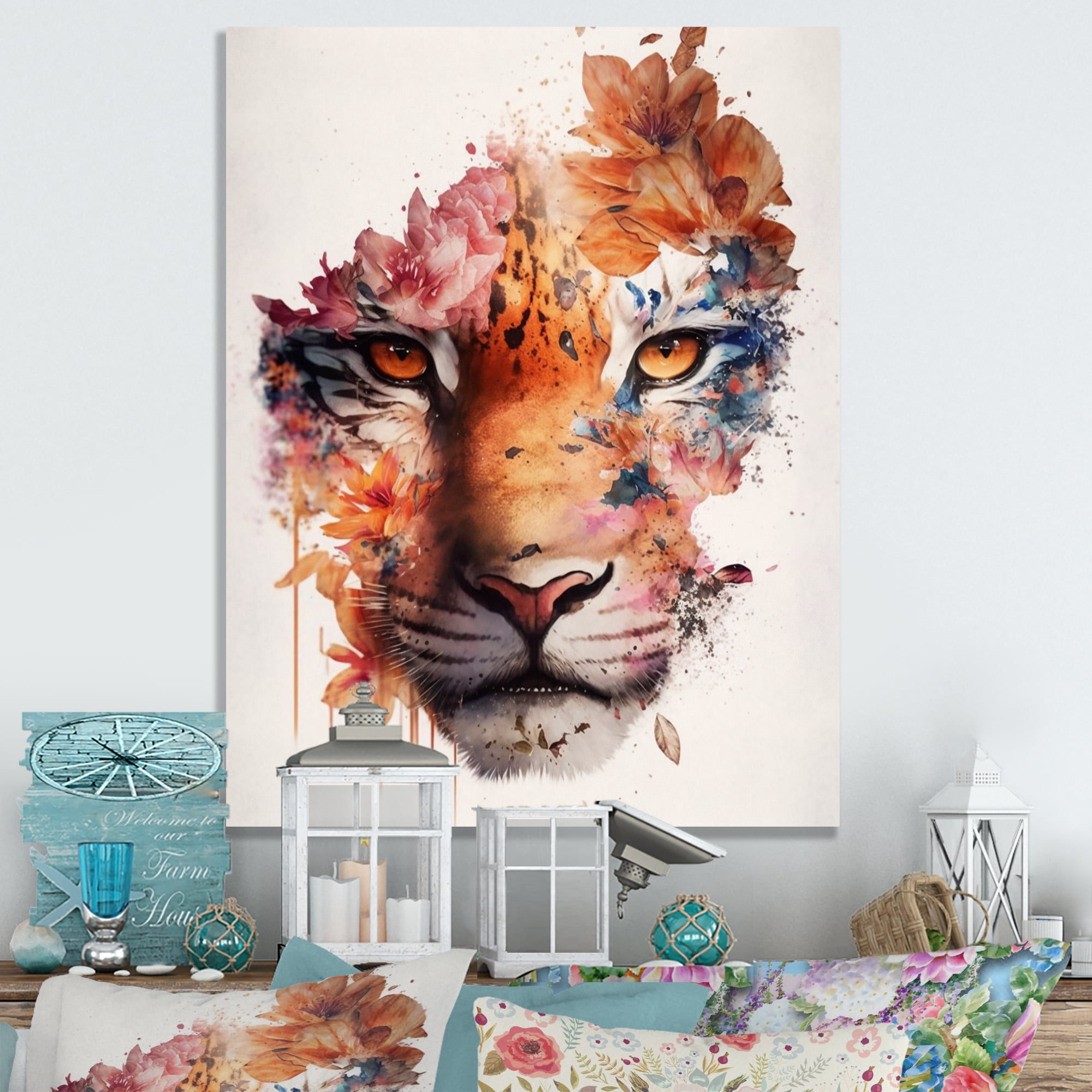 Designart Tiger Portrait With Flowers III Canvas Wall Art