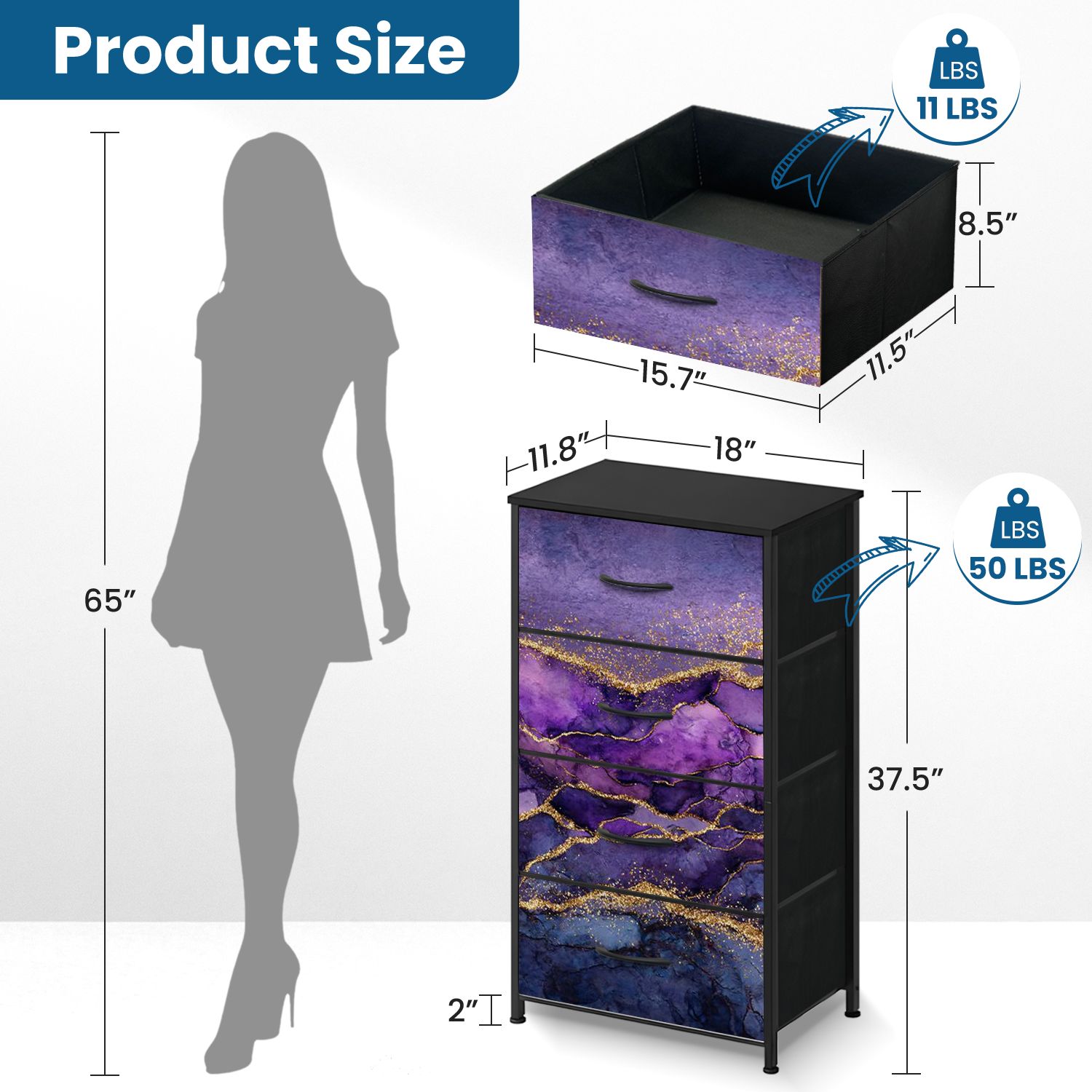 Boho Dresser for Bedroom with 4 Storage Drawers abstract marbling purple marble golden veins fake painted Dressers Chest of Drawers Steel Framed Fabric Closet Organizers for Entryway