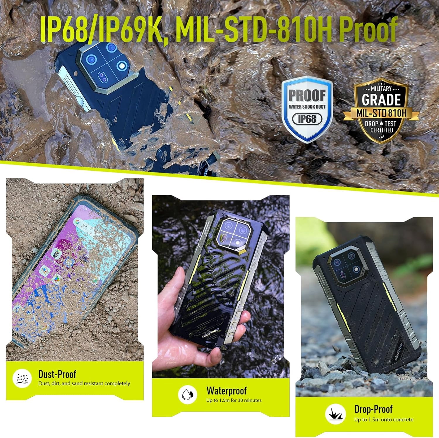 Ulefone Armor 22 Rugged Phone, IP68/IP69K, 64MP Wide-Angle & 64MP Night Vision Camera, 16GB 128GB MTK Helio G96, 6600mAh, 33W Fast Charging,Green,128GB