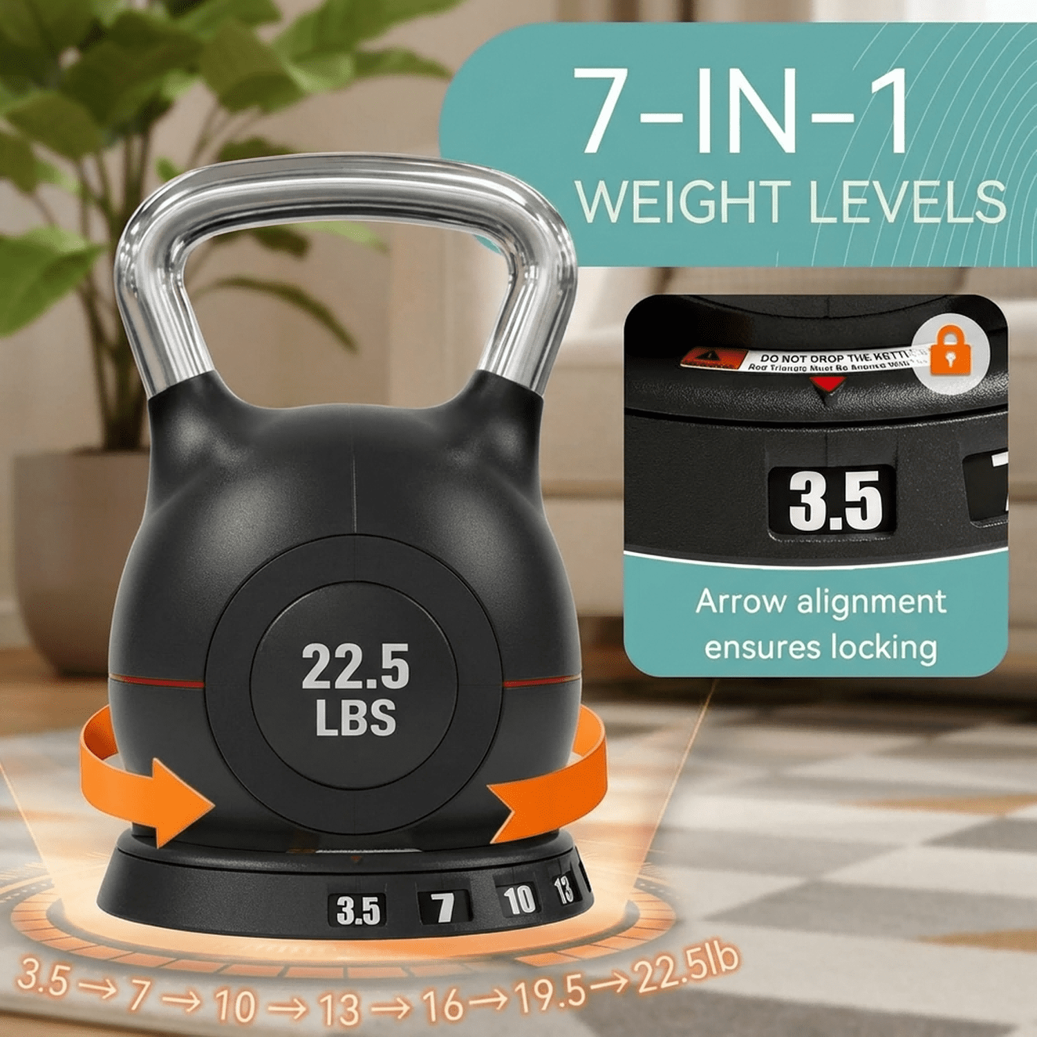 LIFERUN Adjustable Kettlebell Set-7in1 Kettlebells, Choose 22.5 lb or 44 lb, Quick-Change Weight Dial & Safety Lock, Full-Body Workout