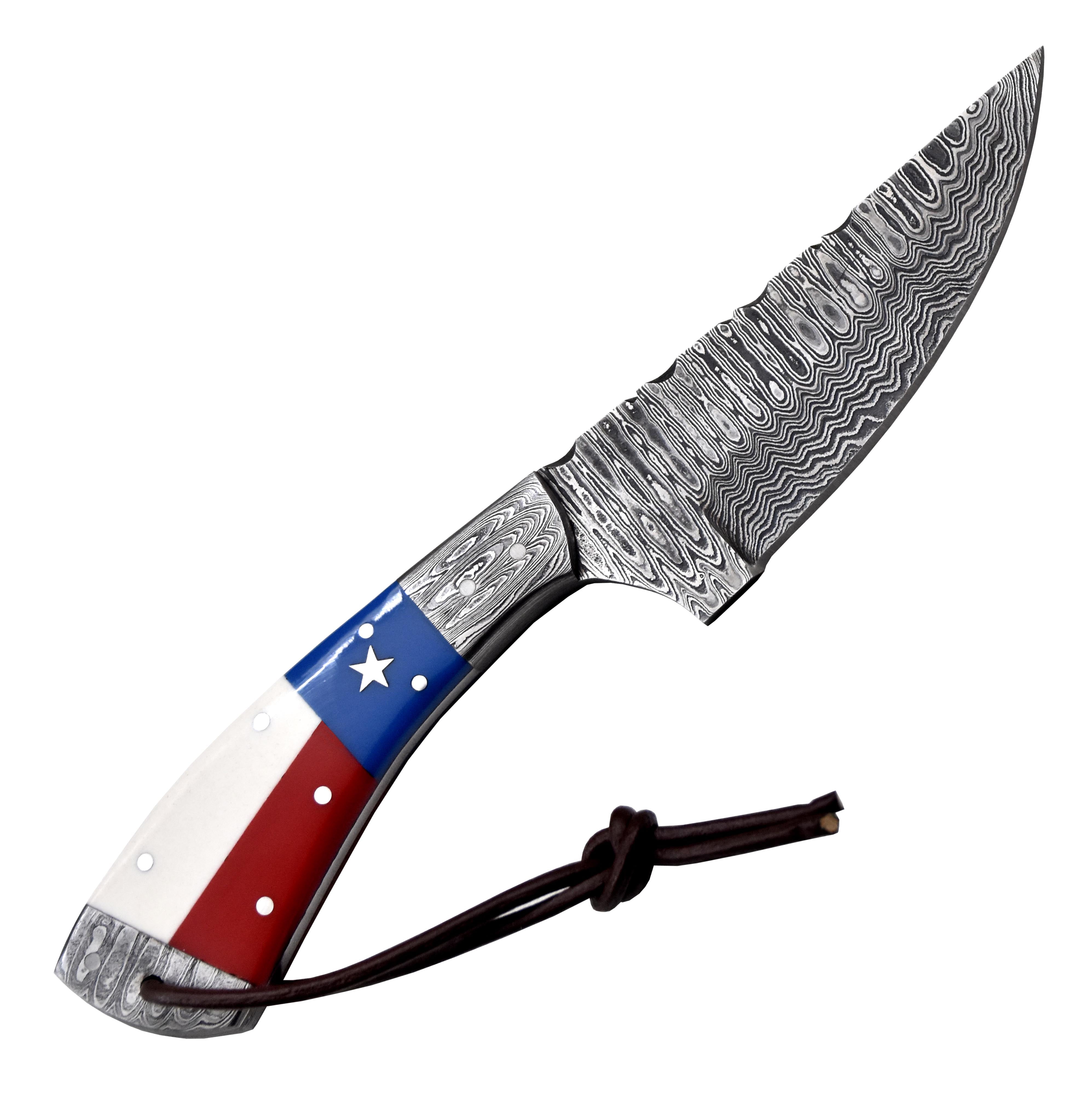 Hercules Knives Damascus Steel Camping Hunting Knife with Leather Sheath Texas Flag Resin Handle
