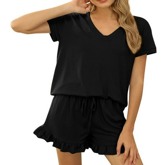 qolati Womens 2 Piece Outfits Summer V Neck T-Shirts with Ruffle Hem Shorts Casual Beach High Waist Tracksuits Lounge Set Matching Sets
