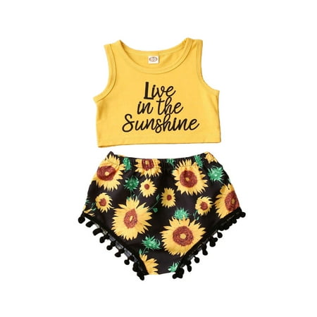 

Newborn Baby Girl Floral Outfit Sleeveless Vest Crop Tops+Sunflower Tassels Shorts Pants 2PCS Clothes Set
