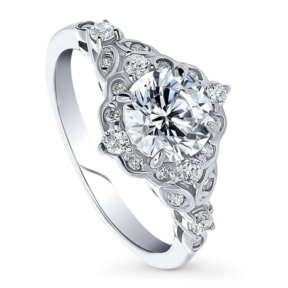 BERRICLE Sterling Silver Halo Wedding Engagement Rings Round Cut Cubic Zirconia CZ Vintage Inspired Art Deco Ring for Women, Rhodium Plated Size 4