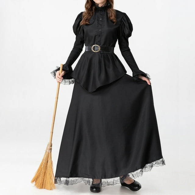 EQWLJWE Robe de Sorcière d'Halloween pour Femmes Manches Longues Bouffantes Gothique Court Manches Longues Col en V Robe à Lacets