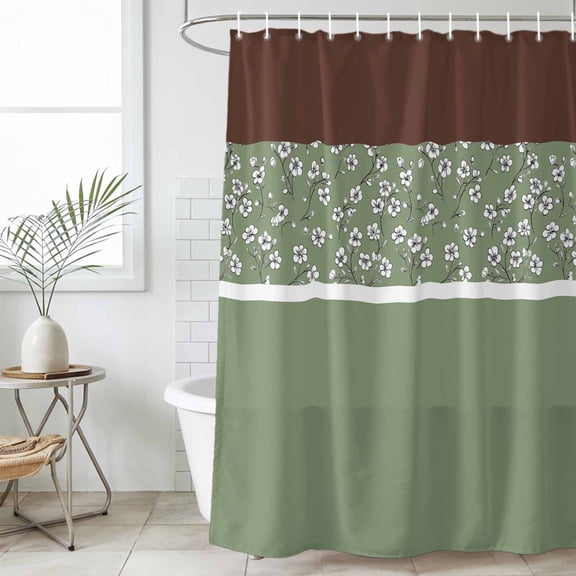 Sage Green Brown Flowers Waterproof Fabric Shower Curtain,Classic Botanical Art Elegant Waterproof Fabric Shower Curtain for Bathroom Curtains Bathtubs Shower Curtains with 12 Hooks Extra Long 72x96