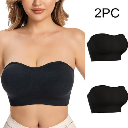 TrendVibe365 Strapless Bandeau Bra Women Pack of 2 Bandeau Stretchy Wirefree Push up No Show Bralettes Padded Multiway Convertible Straps Adjustable Spaghetti Strap Clear Strap Corset Top Cami Black