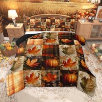Homewish Autumn Fall Pumpkin Queen Comforter Set,Rustic Leaves Maples Bedding Sets,Patchwork Geometric Plaid Bedding Comforter Set For Adults,Super Cozy Room Decor Reversible,3pcs