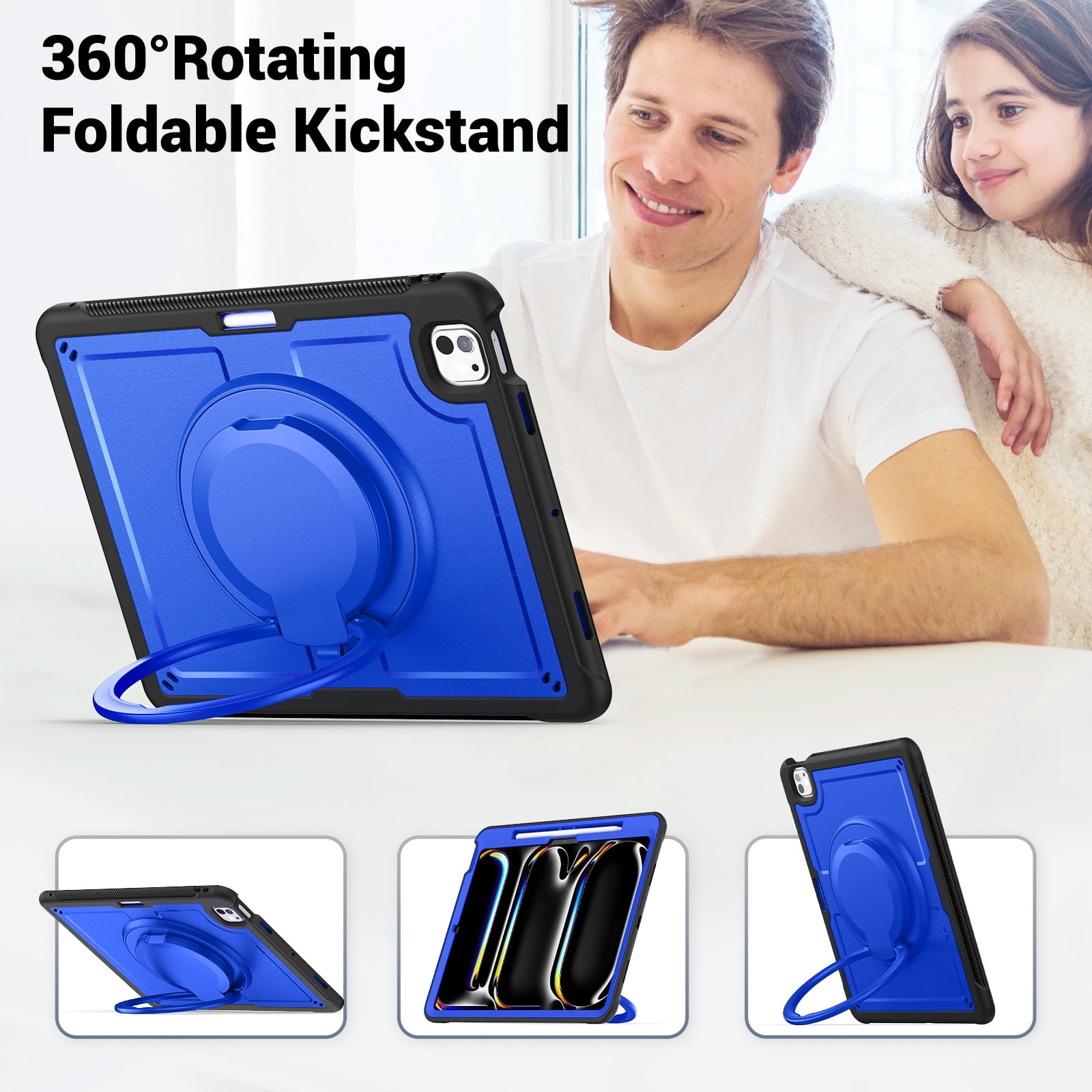 Shockproof Case for Apple iPad Pro 11 Inch 2024, Rugged Hybrid Protective Cover with Pencil Holder & Shoulder Strap Kids Friendly Rotating Kickstand Case for iPad Pro 11" 2024 M4,Darkblue