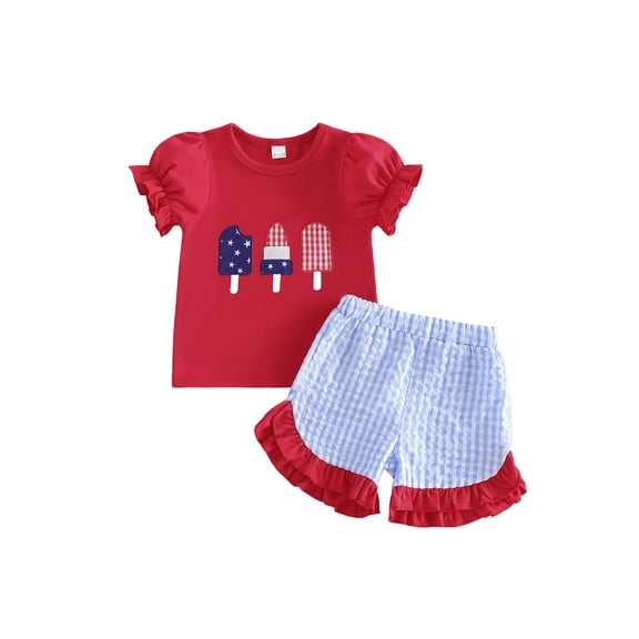 BemeyourBBs Kids Toddler Baby Girl 4th of July Outfit Patriot Independence Day Outfits Little Baby Girl Summer Clothes Ice Cream Embroidery Puff Short Sleeve T Shirt Tops and Plaid Shorts Set