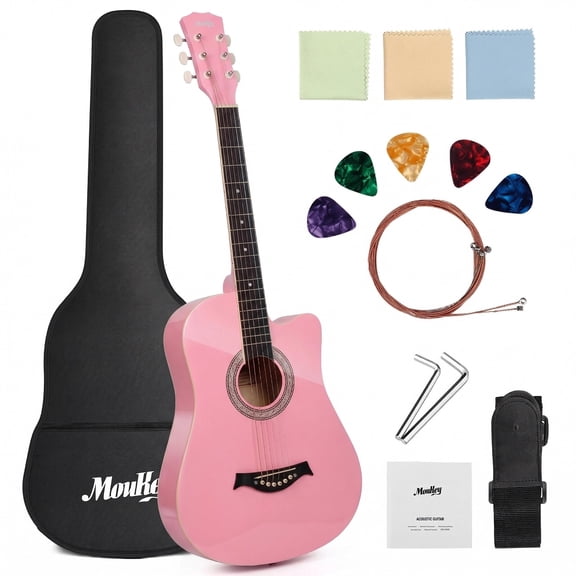 Moukey Acoustic Guitar for Beginner 38" Kid Adult Starter Kit with Accessories, Pink, EAG-100