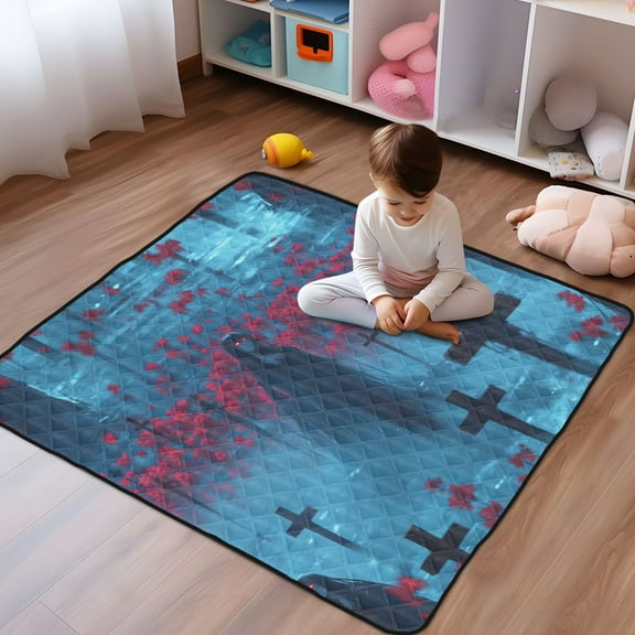 WOBOGO Black Haired Lass Baby Playmats Extra Large Waterproof Rollable Activity Pads for Toddlers 50×50inch