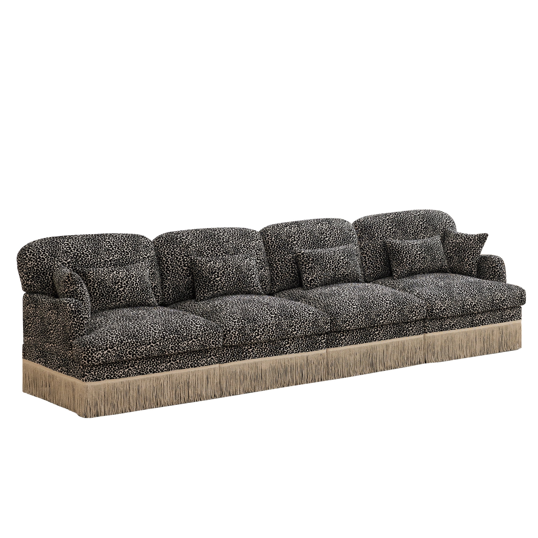 Noble House Carola Leopard Print Chenille 4-Seater Sofa, Modular Sectional Couch with Tassel Trim, Khaki