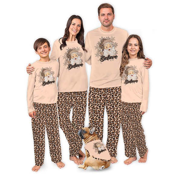 Pajamas By Jenny Santa Face Long Sleeve Matching Christmas Pajamas Leopard, Soft And Cozy, Side Pockets